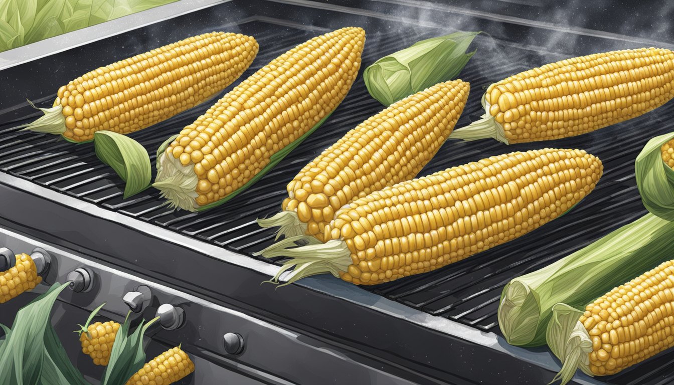 Frozen corn on the cob sits on a clean grill, surrounded by a safe and tidy grilling area