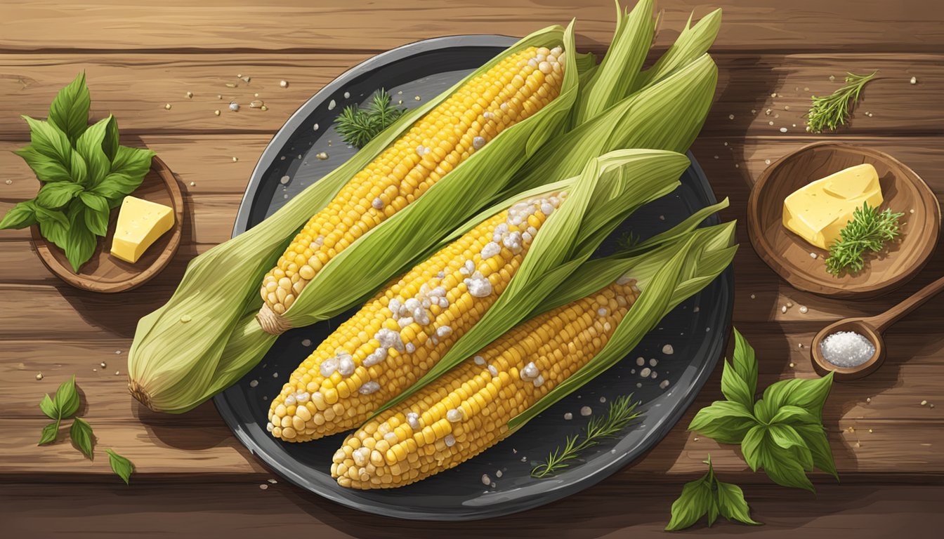 Freshly grilled corn on the cob on a wooden platter, adorned with a dollop of butter and sprinkled with herbs, set against a rustic backdrop