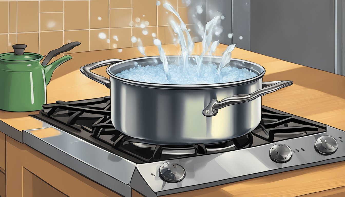 A pot of water boiling on a stove, with ears of corn waiting to be dropped in