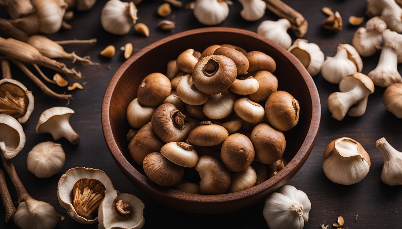 Fresh shiitake mushrooms, dried shiitake in a bowl, and scattered garlic cloves create a vibrant still life