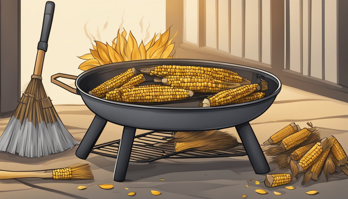 A grill with charred corn cobs, a pile of discarded husks, and a broom and dustpan for cleanup