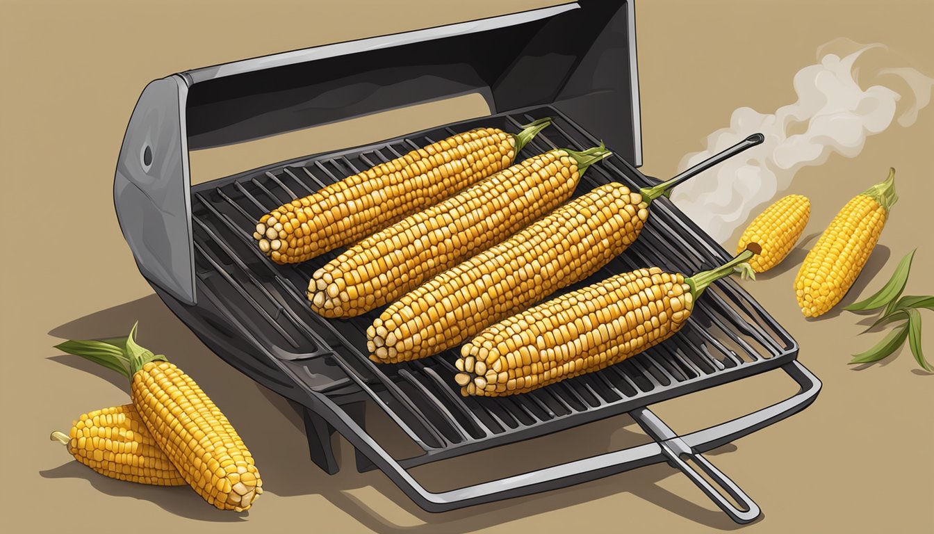 Grilled corn on the cob without husks on a smoky barbecue grill