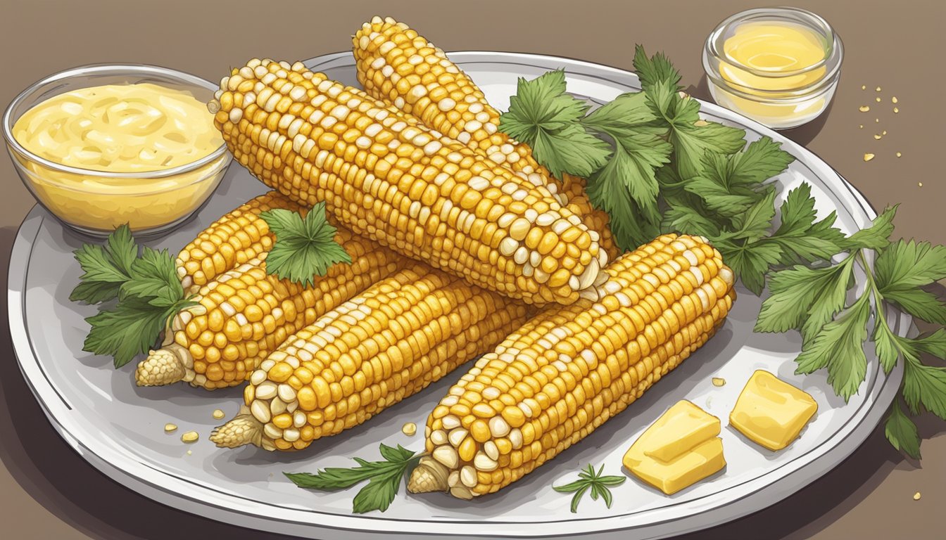 A plate of air-fried corn on the cob with a side of butter and herbs