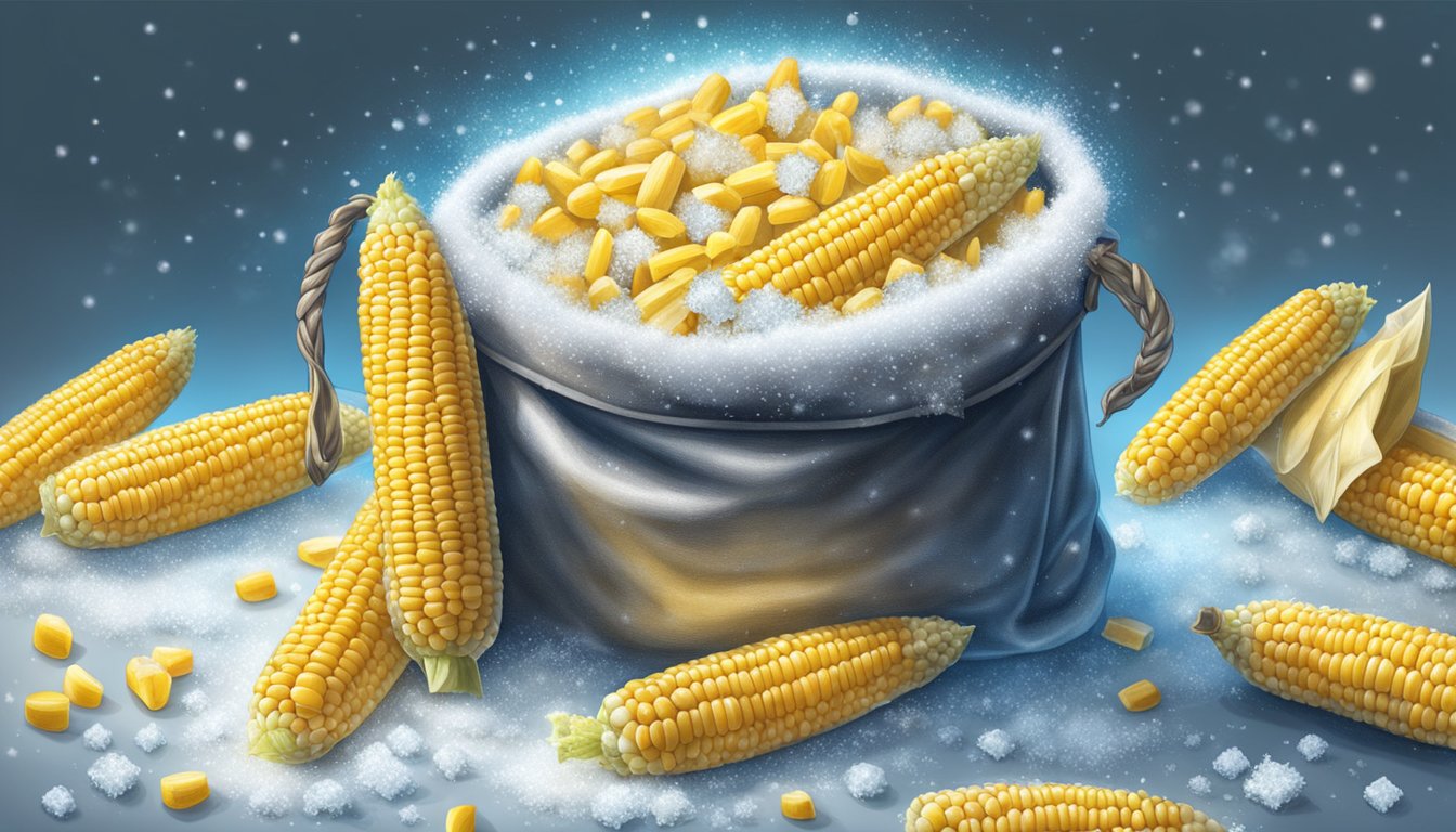 A bag of fresh corn on the cob sits in the freezer, surrounded by frost. Ice crystals cling to the kernels, preserving their sweetness