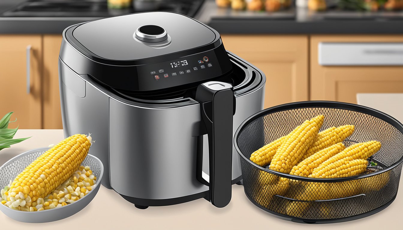 Frozen corn on the cob placed in an air fryer basket, surrounded by the appliance's interior, with the air fryer turned on