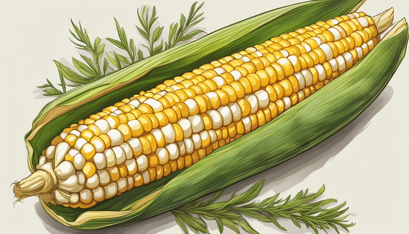 A cob of corn with husk pulled back, revealing kernels brushed with flavored butter and sprinkled with herbs