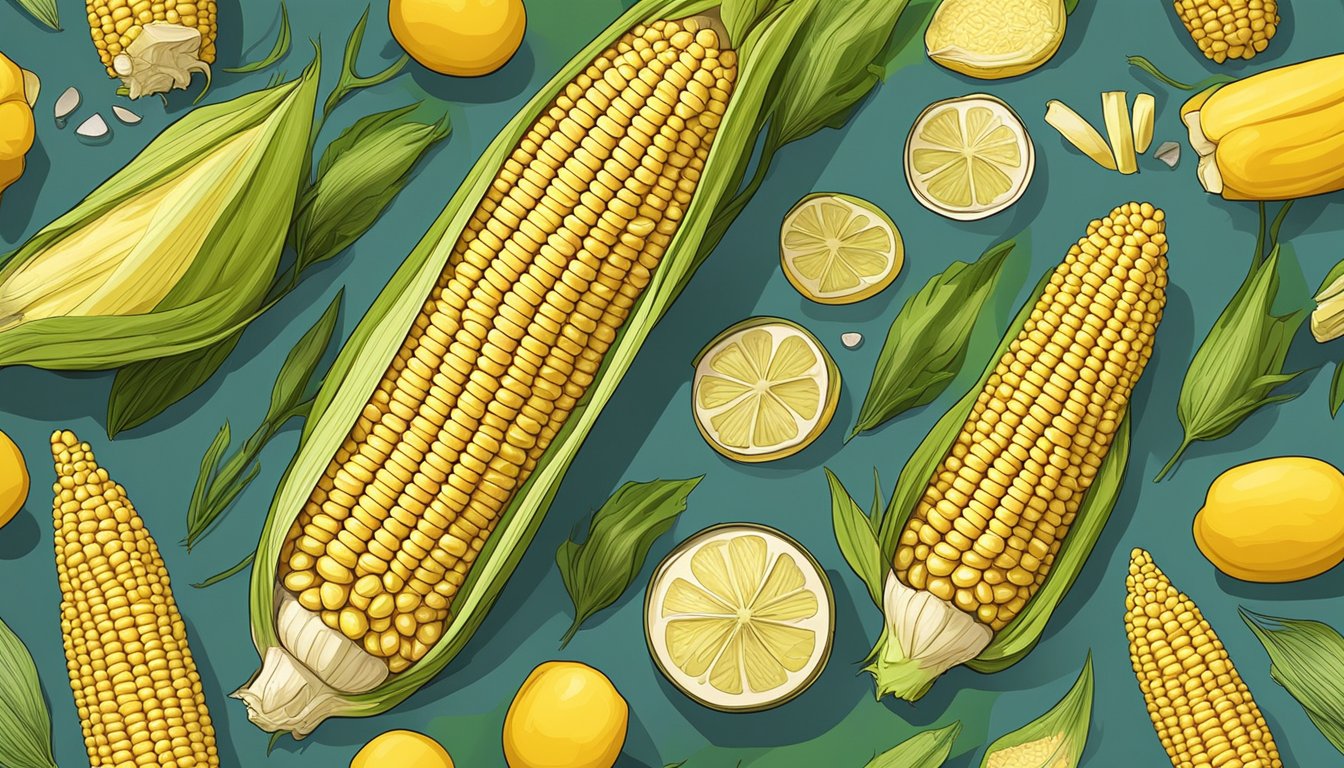 An unshucked corn on the cob surrounded by preservation materials