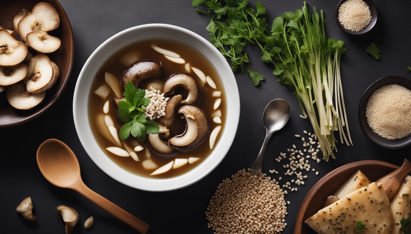 Steam rises from a bowl of shiitake mushroom soup, topped with herbs and sesame seeds, highlighting its savory and nutritious appeal