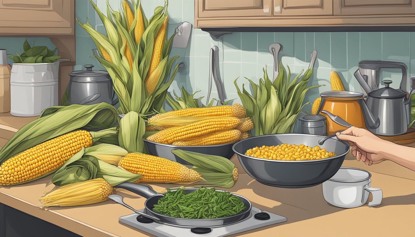 A hand reaching for an ear of corn from a pile, with various pots and pans on a kitchen counter