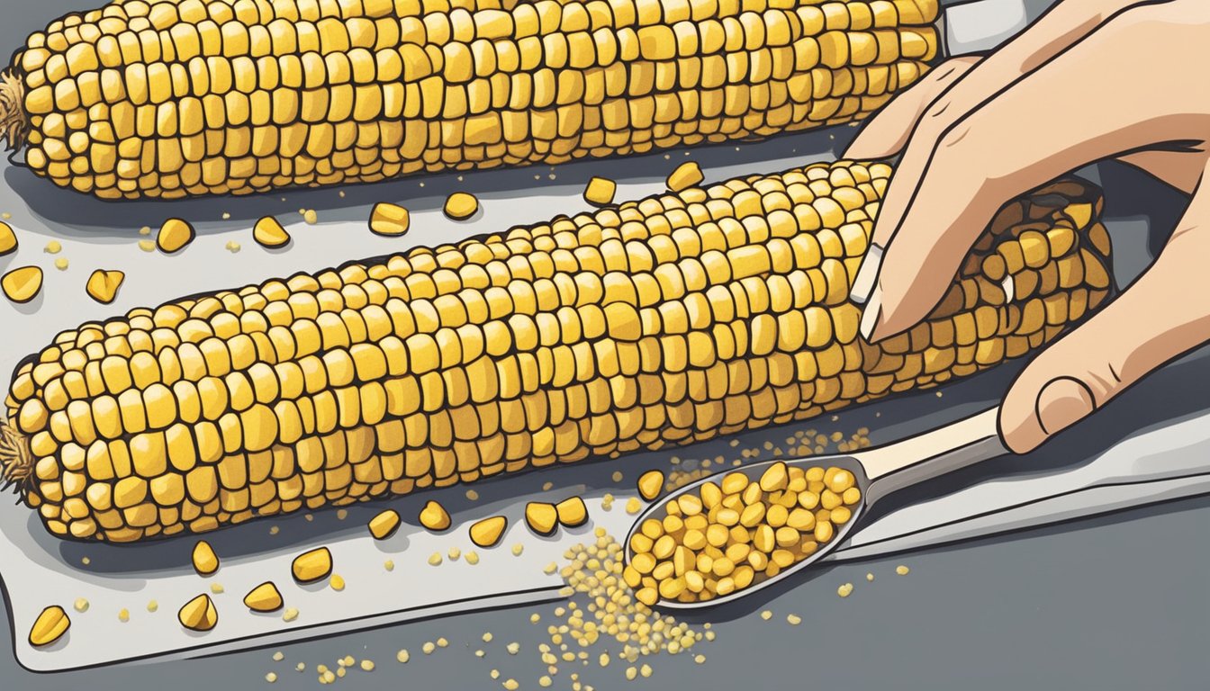 A hand sprinkles seasoning onto a row of corn on the cob, ready to be baked