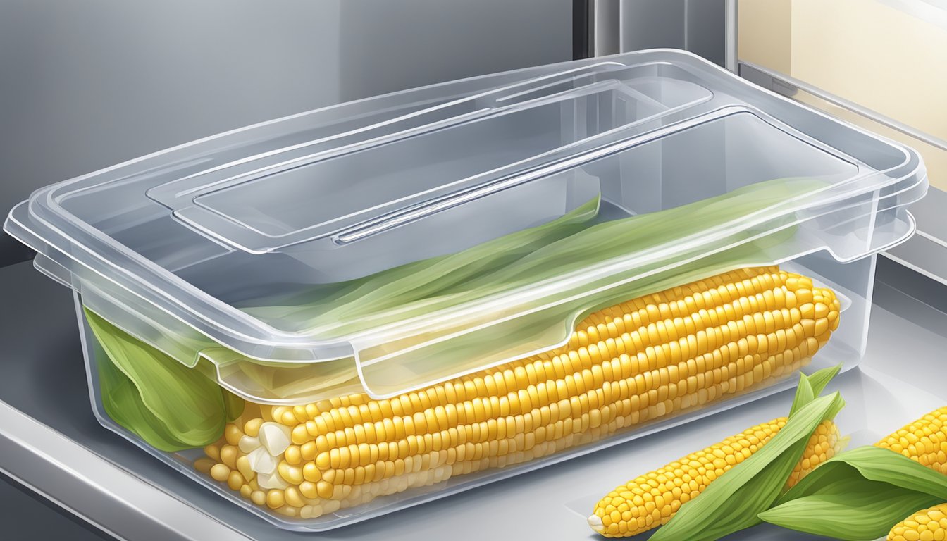 A clear plastic container holds leftover corn on the cob, stored in the refrigerator