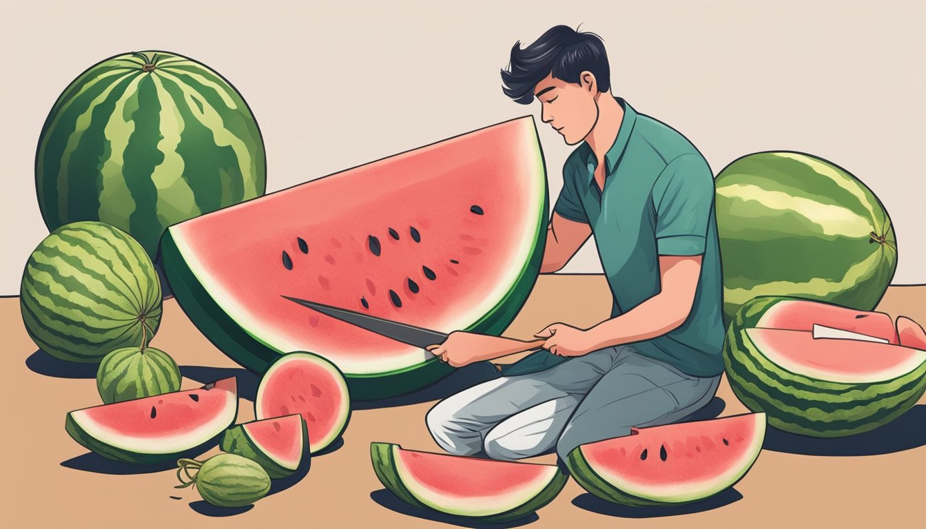 A person cutting open a watermelon to reveal its spoiled and poor quality interior