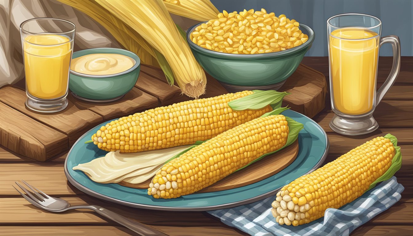 A rustic kitchen table set with a platter of freshly baked corn on the cob, surrounded by colorful napkins and a bowl of melted butter