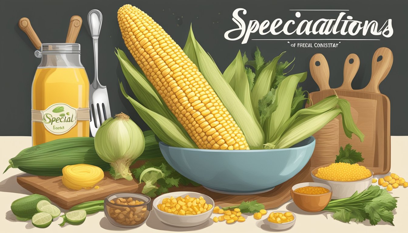 A fresh ear of corn on the cob surrounded by various ingredients and kitchen utensils, with a sign indicating "Special Dietary Considerations" in the background