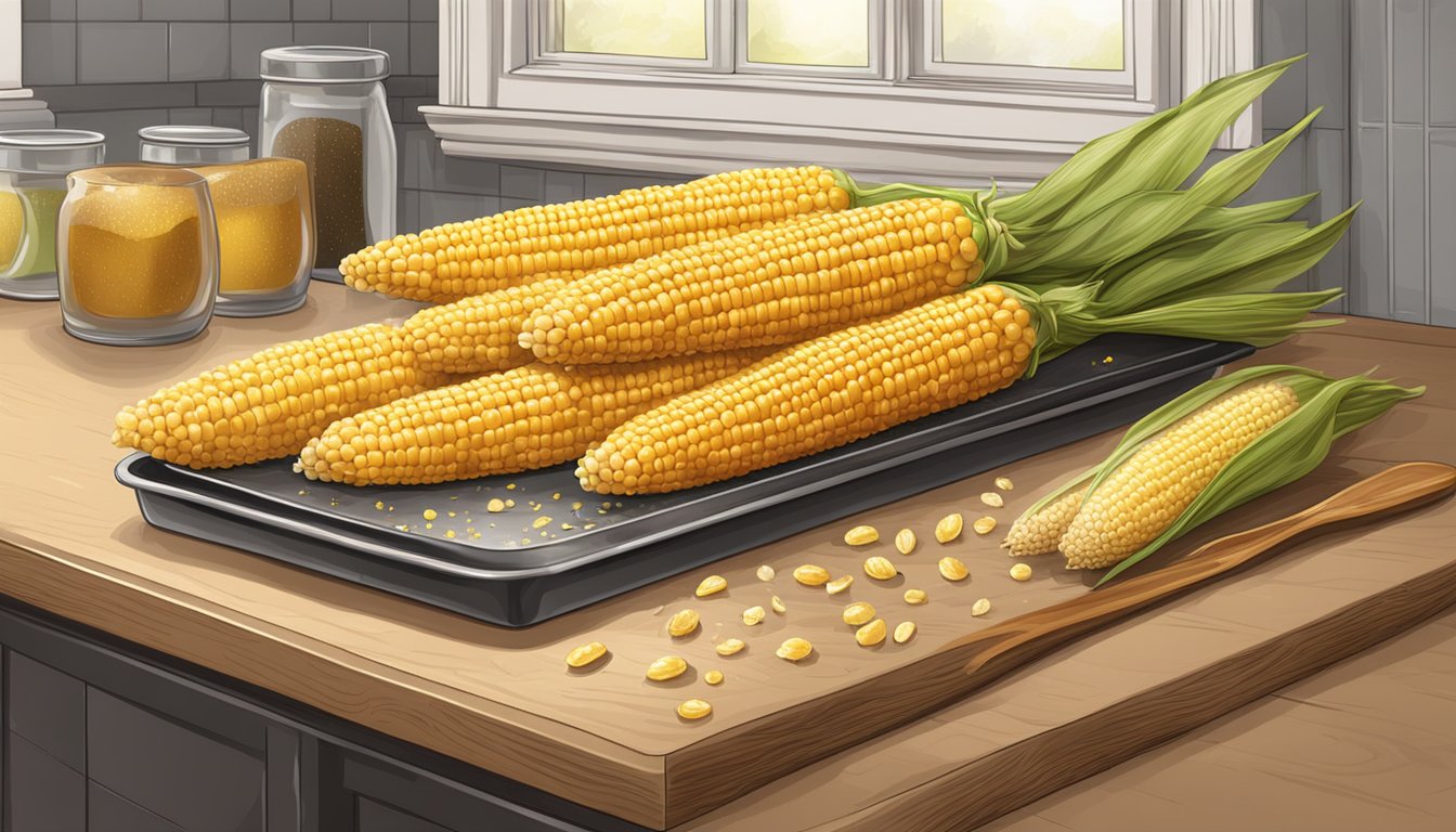 A rustic kitchen with a golden ear of corn on a baking sheet