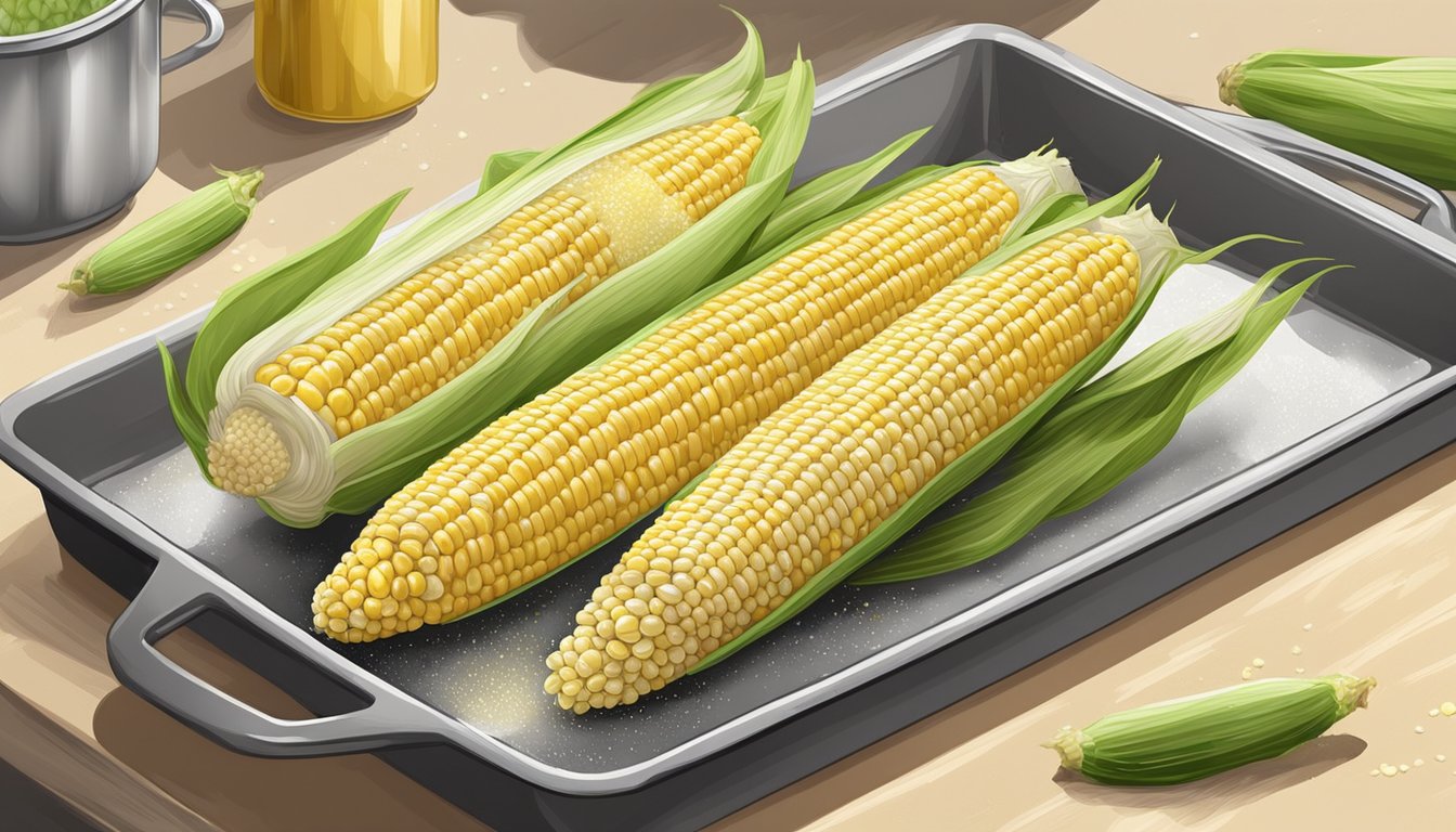 Fresh corn on the cob placed on a baking sheet, brushed with butter and sprinkled with salt, ready to be baked in the oven