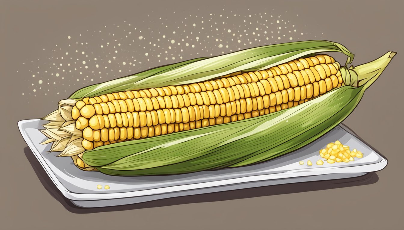 A golden ear of corn on the cob, brushed with butter and sprinkled with salt, roasting on a grill