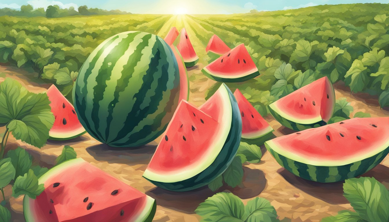 A hand reaching for a watermelon in a field, surrounded by ripe fruits