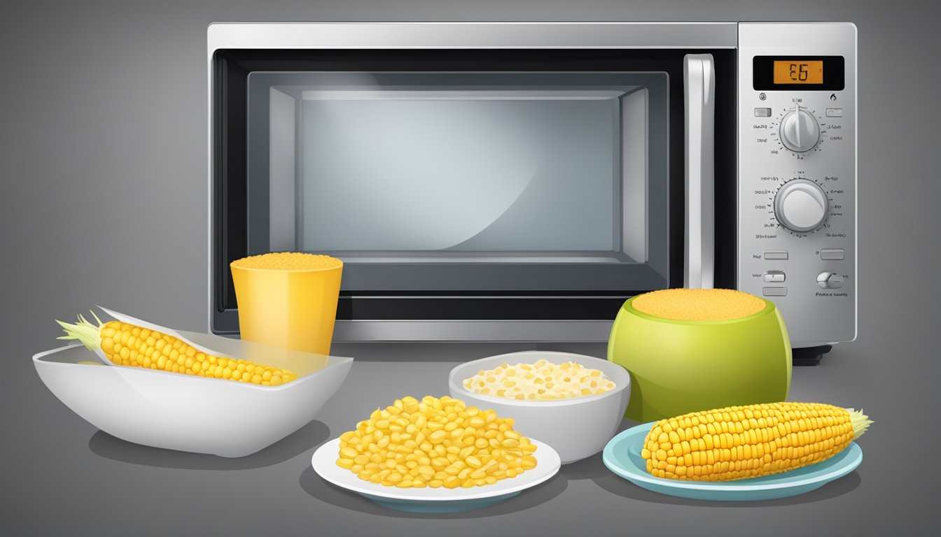 A microwave with a rotating plate inside, a cob of corn on a microwave-safe plate, a timer set for the desired cooking time