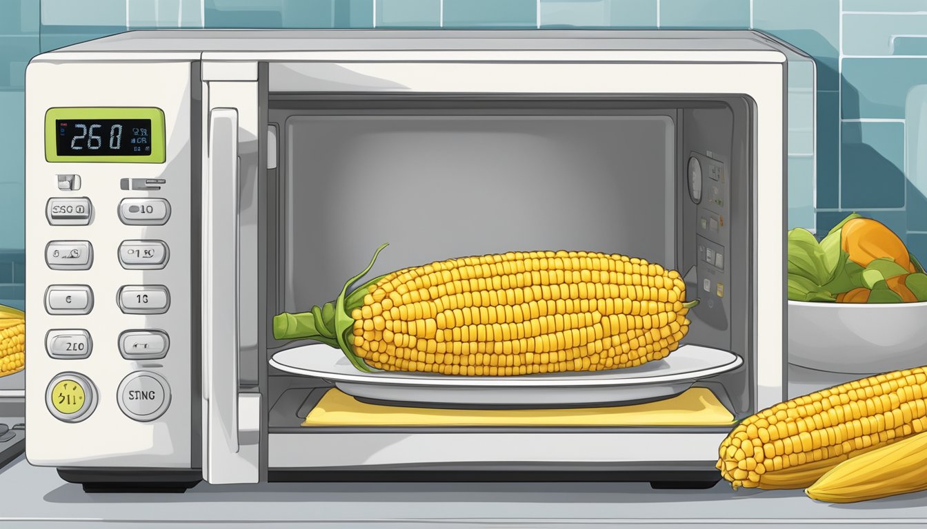 An ear of corn on a microwave-safe plate surrounded by a microwave with the door open and a digital timer set to the appropriate number of minutes