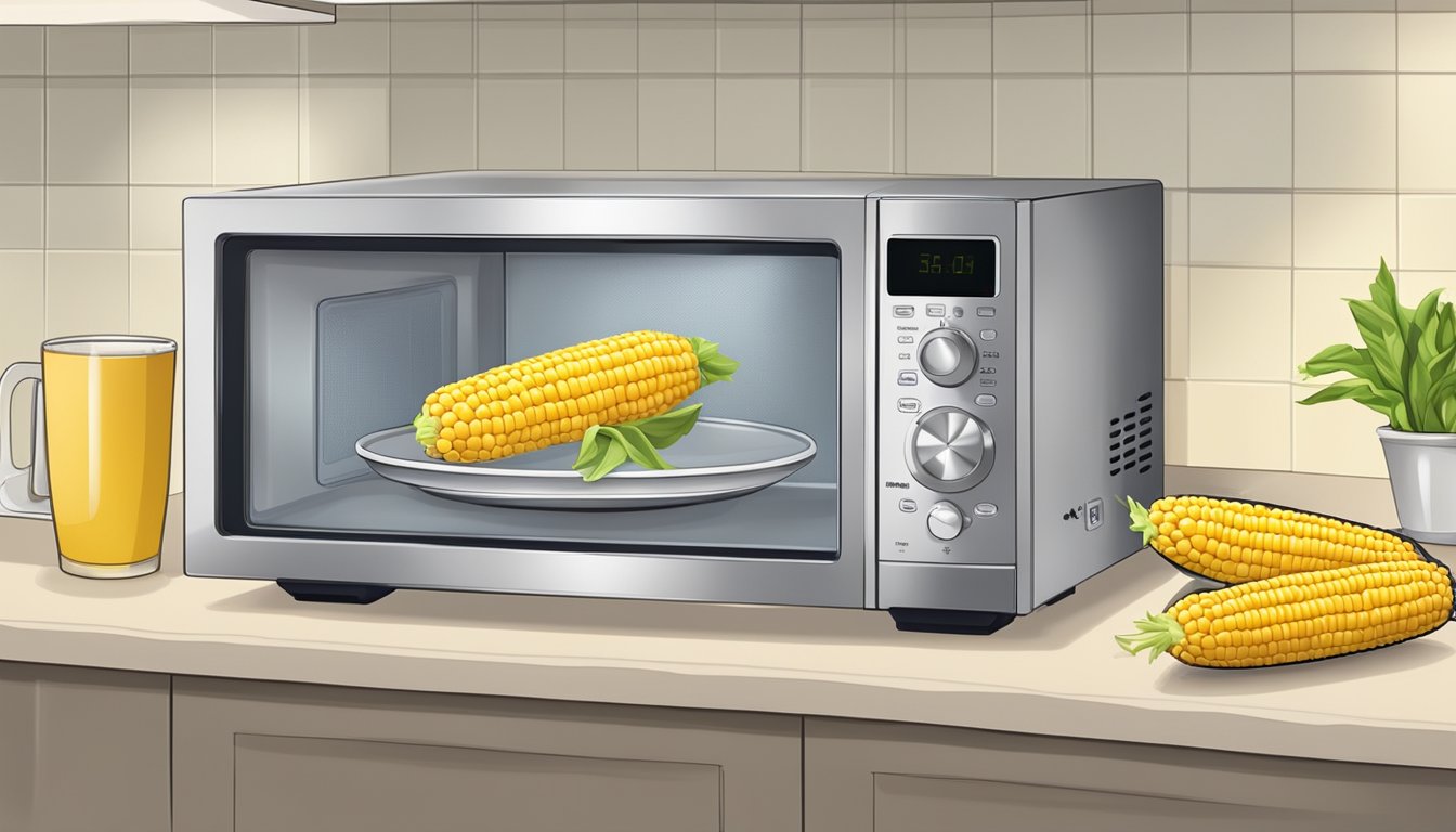 A microwave with a single ear of corn on a cob rotating on a microwave-safe plate, with a timer set for a specific number of minutes