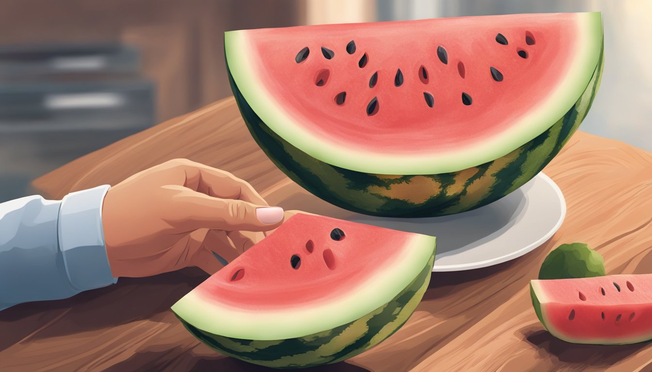 A person holding a pre-cut watermelon slice, tapping it with their finger and inspecting the color and texture of the flesh inside