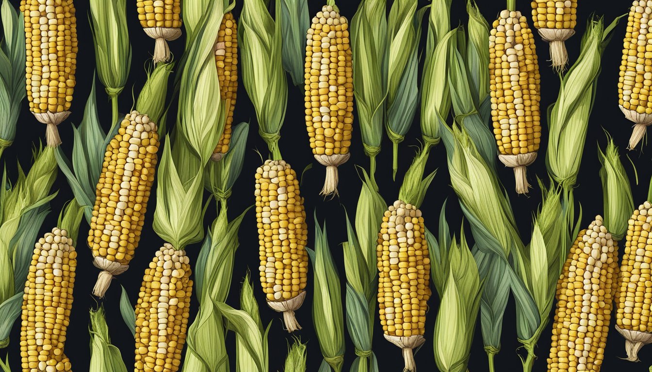 Corn cobs arranged on a grill, smoke rising around them