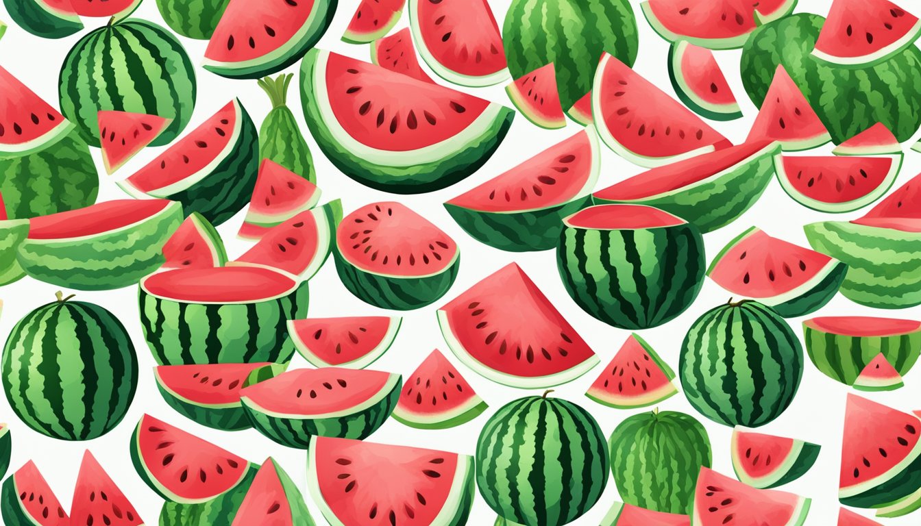 A variety of watermelons displayed with different shapes, sizes, and colors. One watermelon is cut open to reveal the vibrant, juicy flesh inside