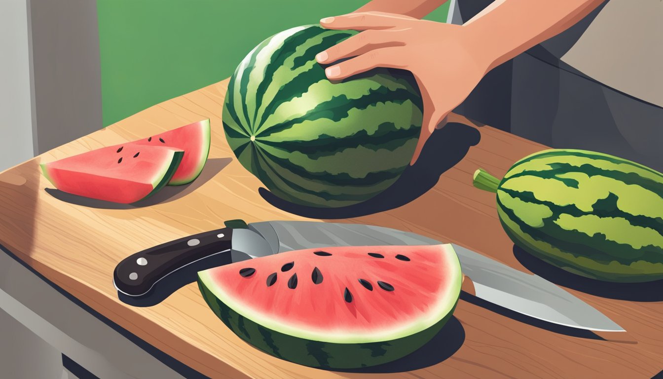 A person holding a watermelon, tapping it and inspecting the color and texture. A knife and cutting board nearby