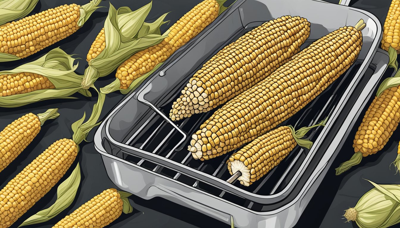 Corn on the cob smokes on a grill, husks removed, with tongs nearby. A storage container sits ready for the finished product