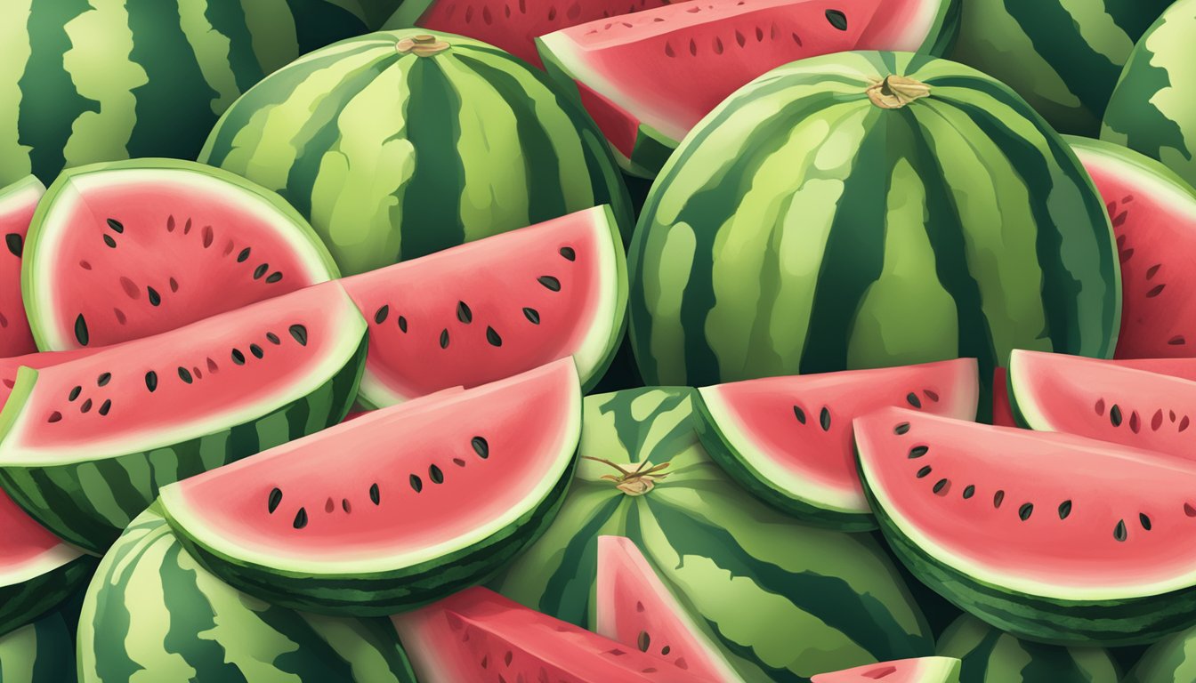 A variety of watermelons displayed at a market, with a sign indicating sweetness. Some watermelons are cut open to show the ripe, juicy flesh