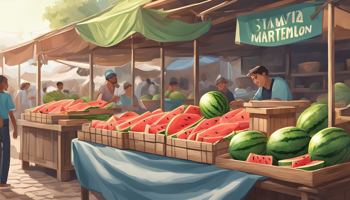 An open-air market stall with a pile of watermelons. One watermelon is cut open to reveal its overripe, mushy interior. A few flies hover around it