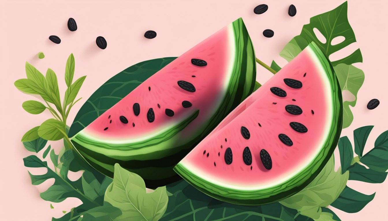 A mini watermelon cut in half, with deep pink flesh and black seeds, surrounded by a scattering of green leaves and vines