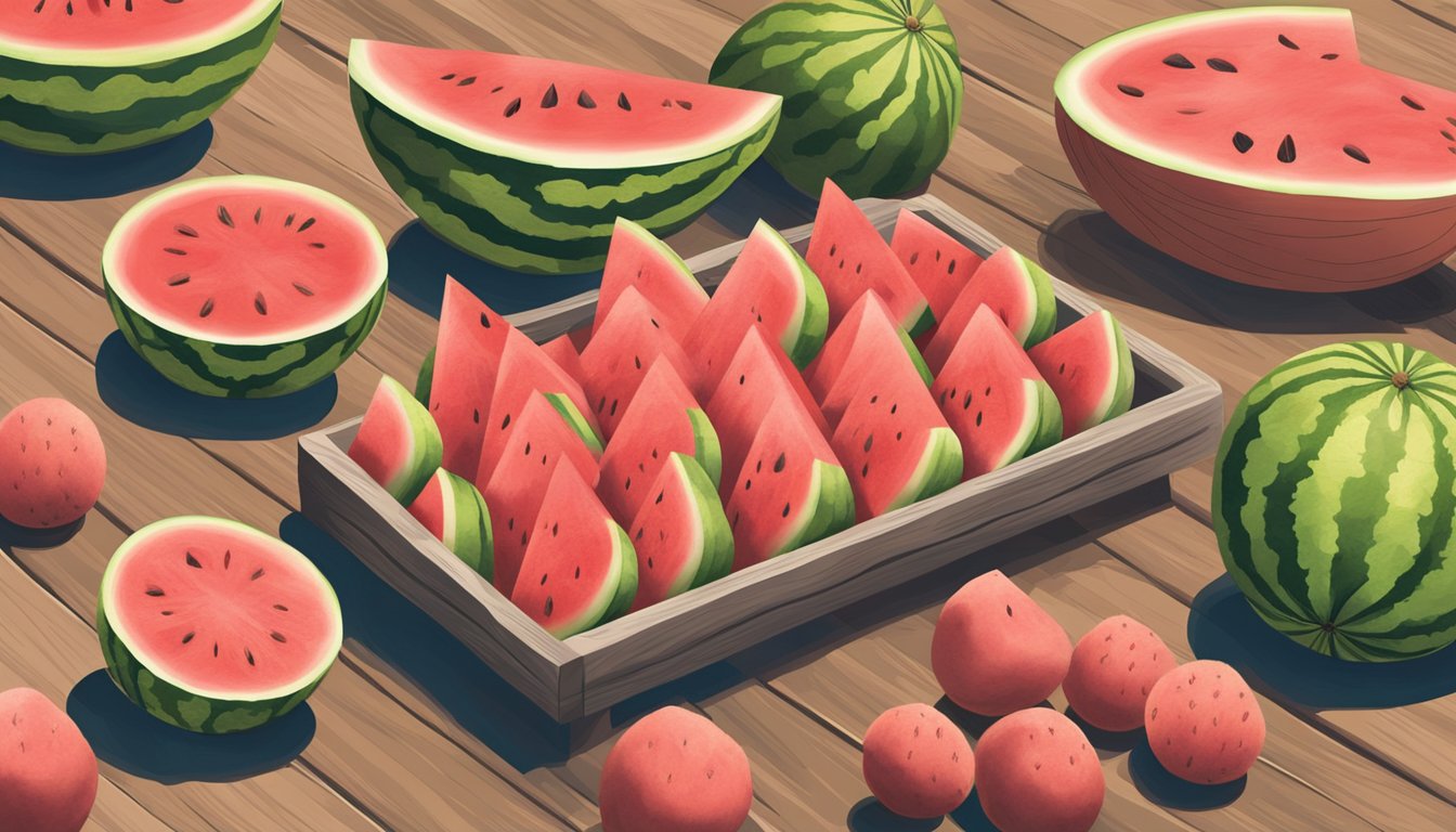 A hand reaching for a small watermelon among a variety of mini watermelons displayed on a wooden table at a farmers market