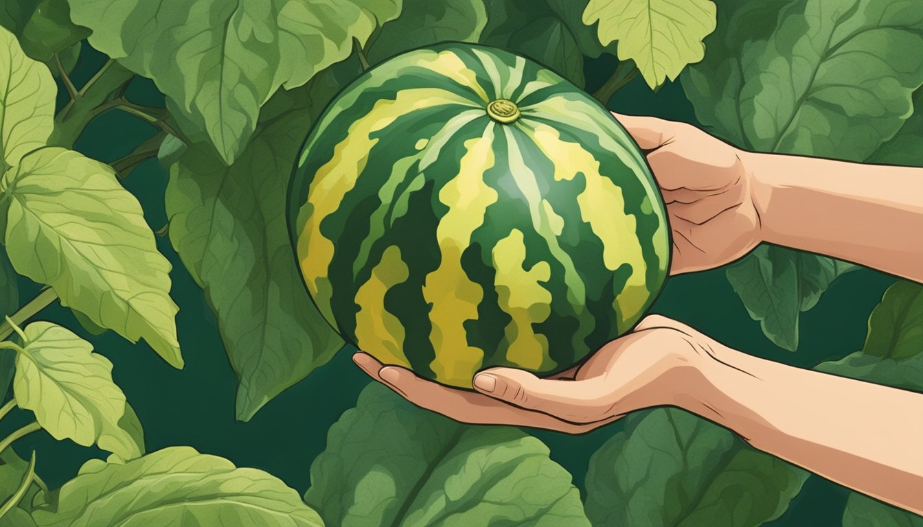 A hand reaching for a ripe watermelon in a field, surrounded by green vines and leaves. The watermelon is large, round, and has a deep, rich green color with a yellow spot on one side