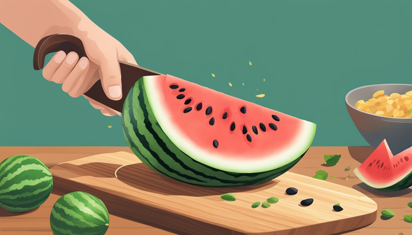 A person cutting open a watermelon, with a slice on a cutting board and seeds visible