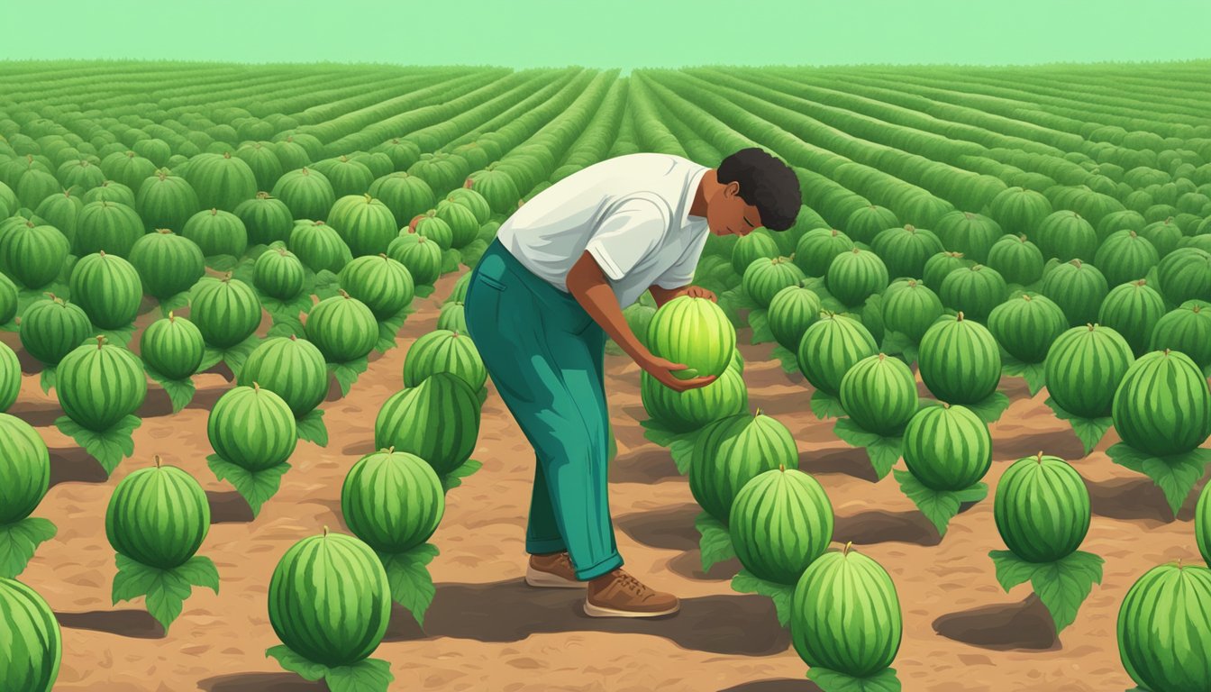 A person standing in a lush, green watermelon patch, carefully selecting a ripe, juicy watermelon from the vine