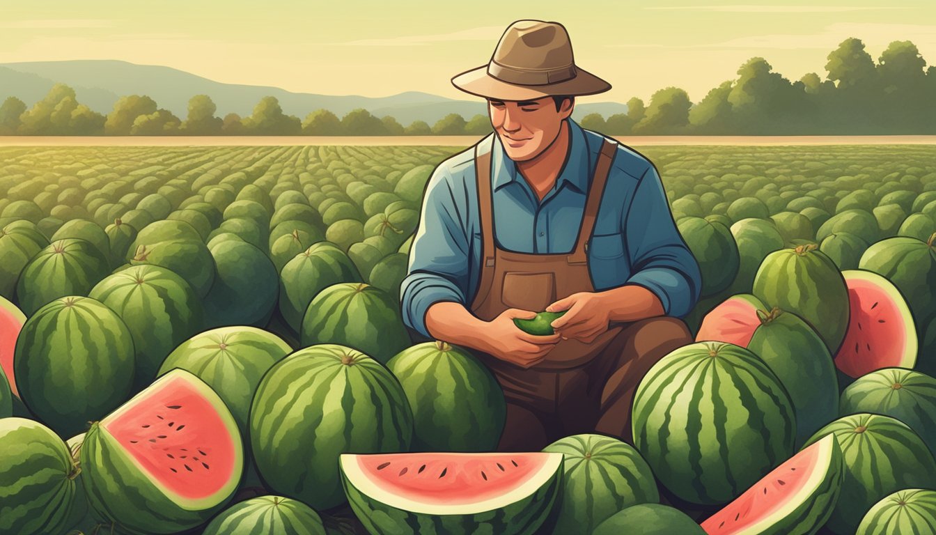 A farmer inspecting watermelons in a field, surrounded by different varieties and sizes, with a focus on the ripest and sweetest ones