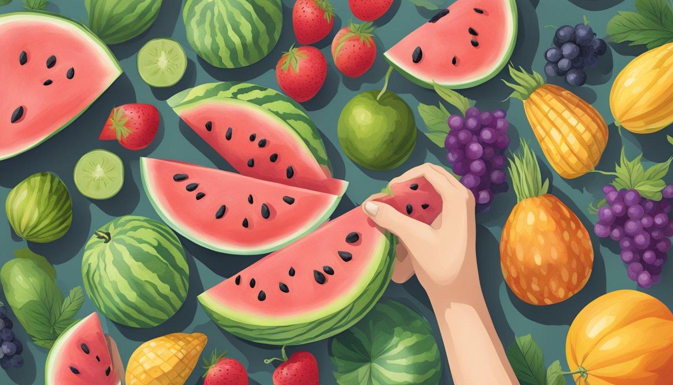 A hand reaching for a mini watermelon at a local farmers market, surrounded by vibrant summer fruits and vegetables