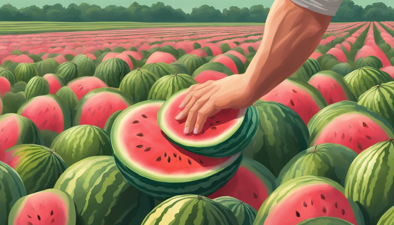 A hand reaching for a small watermelon in a field, surrounded by other watermelons