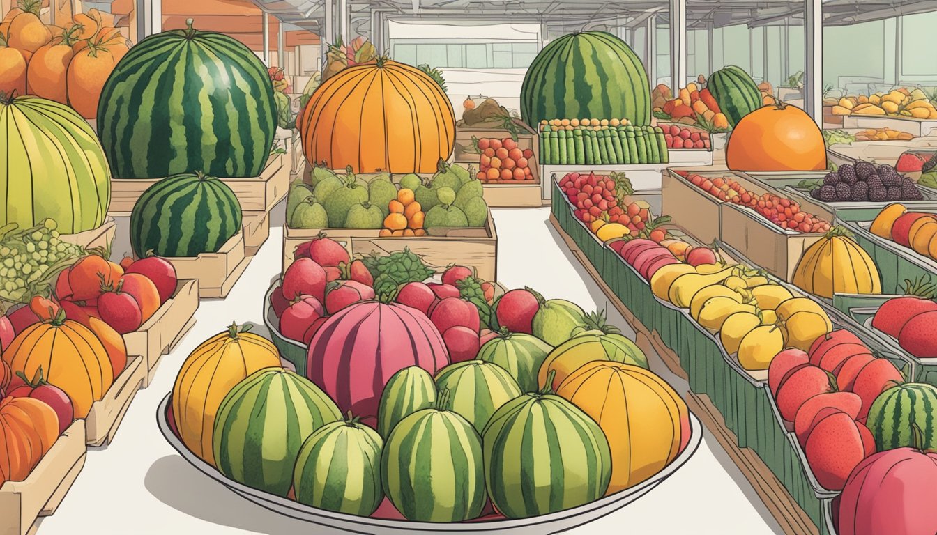 A hand reaching for a mini watermelon among a display of various fruits at a market. The watermelon is being inspected closely for ripeness