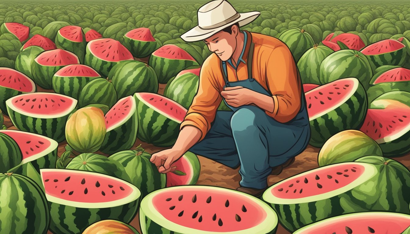 A farmer selecting a ripe watermelon from a patch, surrounded by various special varieties of watermelon