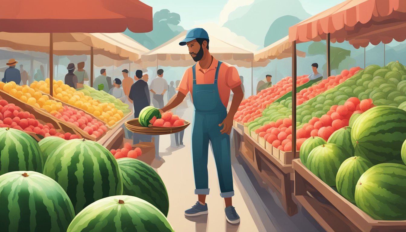 A person choosing a watermelon at a market, tapping and inspecting the fruit for ripeness