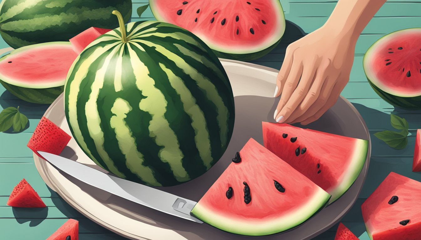 A hand reaching for a ripe watermelon, a knife slicing it open, and juicy red fruit being served on a platter