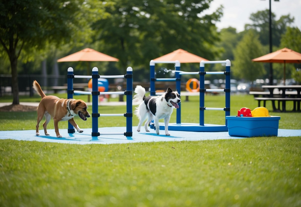 Dogs playing with various park amenities, owner-made obstacle course, water stations, shaded resting areas, and communal toy bins