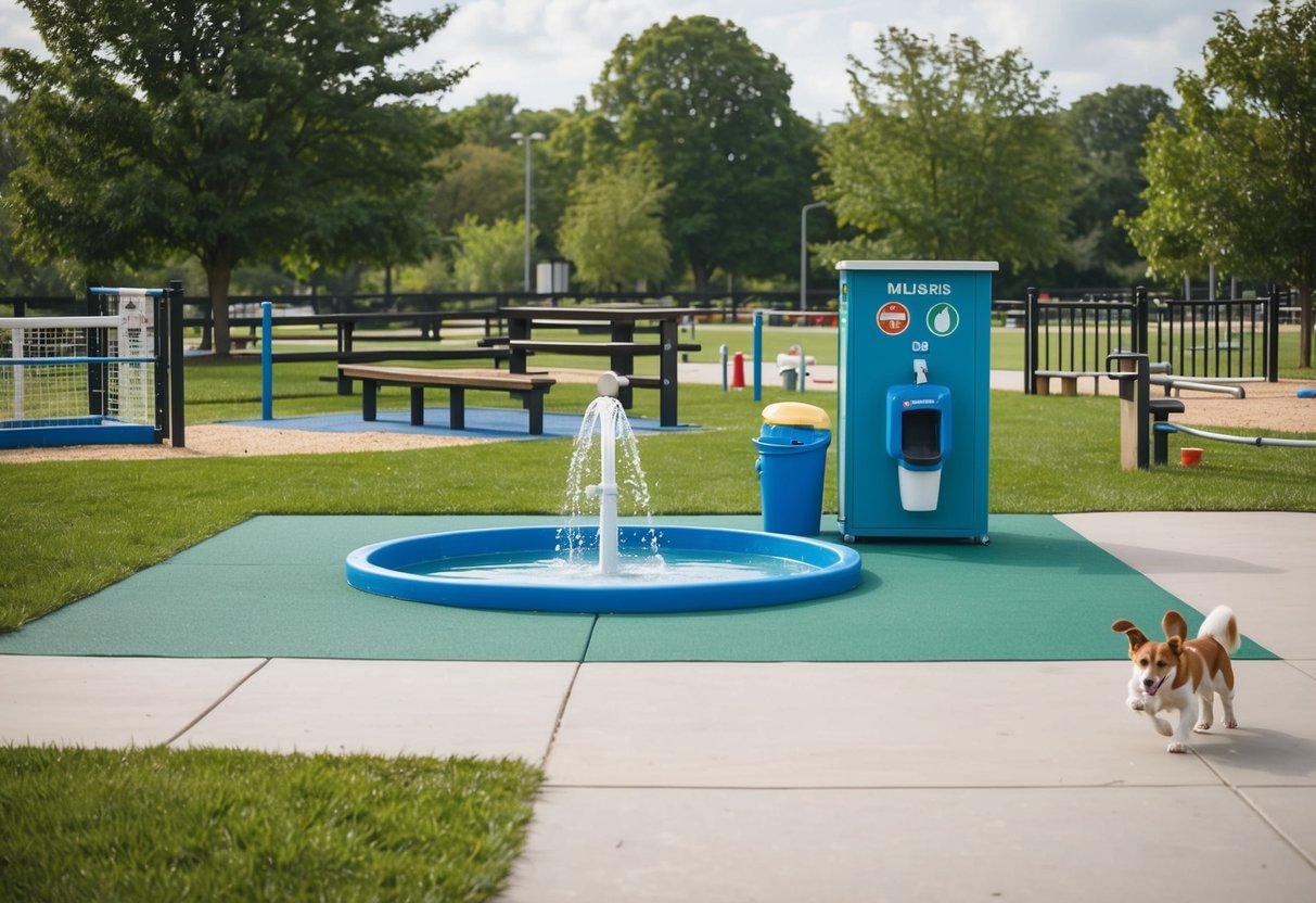 A dog park scene with a water fountain, waste bag dispenser, shaded seating area, agility course, and a dog washing station