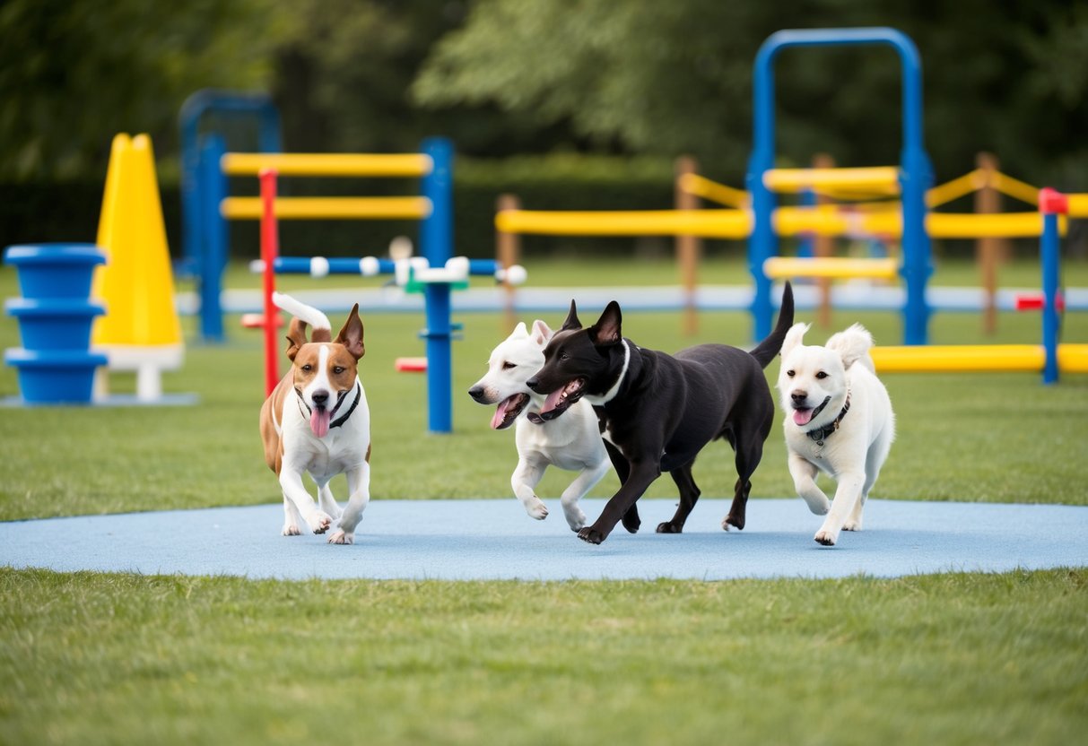 Dogs playing and socializing in a spacious, well-maintained dog park with various agility equipment and water stations