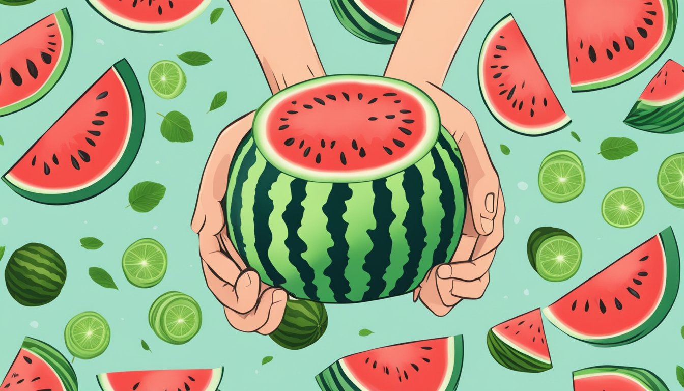 A hand holding a watermelon, tapping and feeling its weight