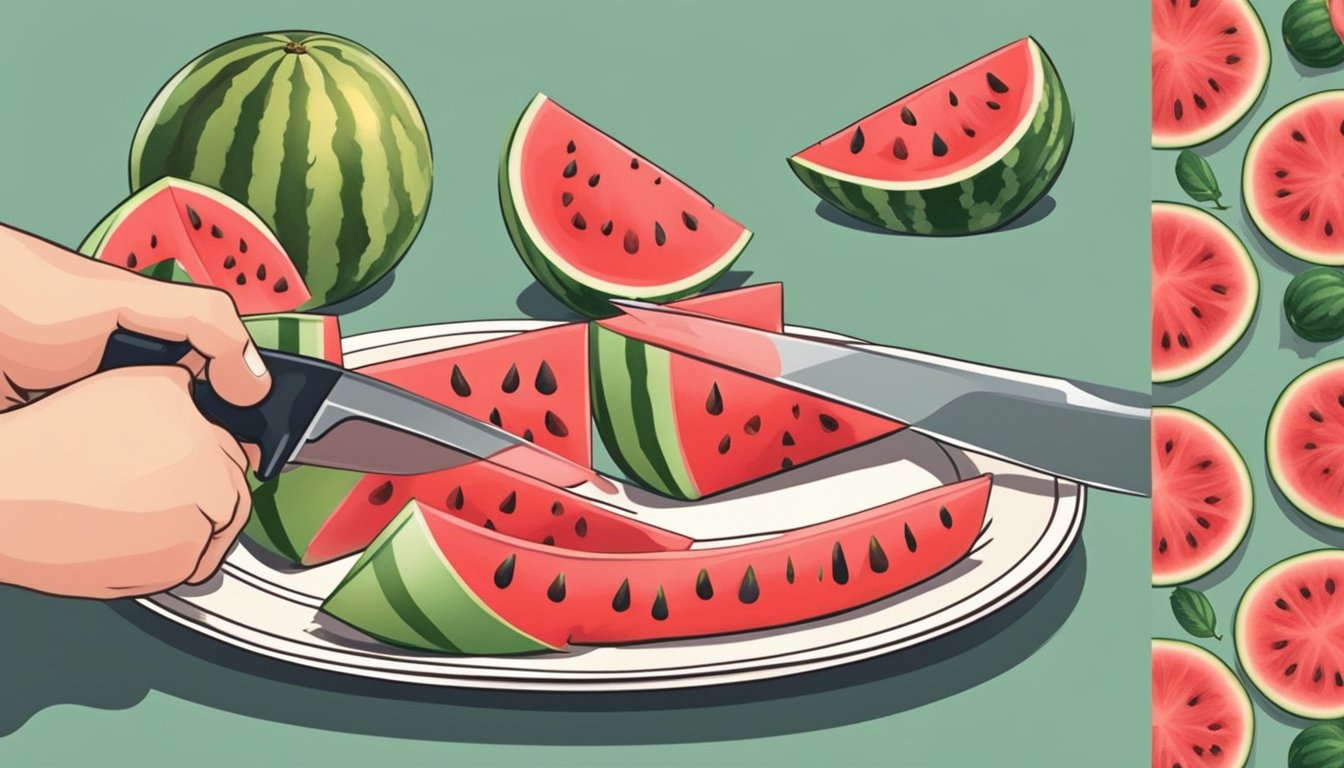 A hand holding a ripe watermelon, a knife cutting it into slices, and a plate with the slices arranged neatly for serving