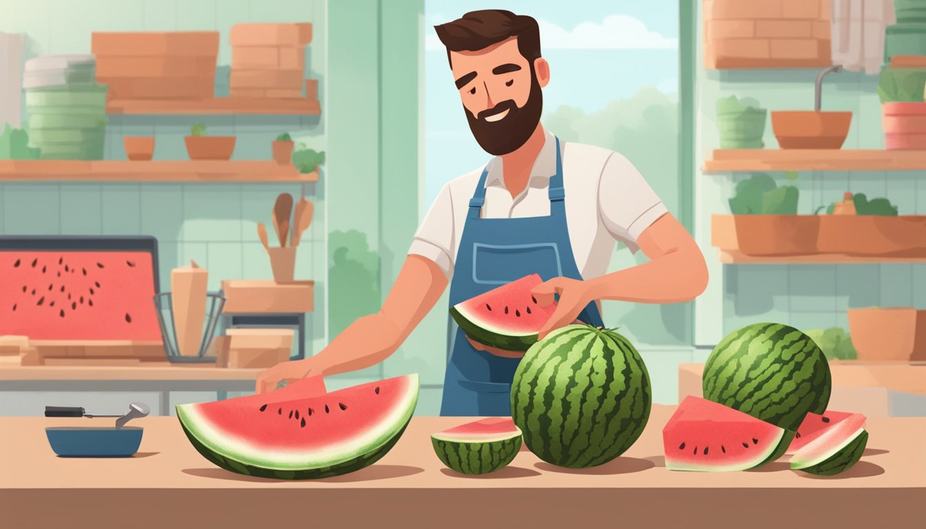 A person cutting open a watermelon to reveal the overripe, mushy interior